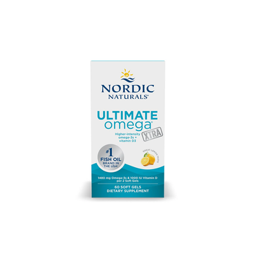 Front view of Nordic Naturals Ultimate Omega-3 Xtra 1480 mg box, featuring 60 lemon-flavored soft gels with omega-3 for brain health.